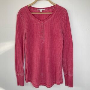 Seven7 Raspberry Y2K Pink Waffle Knit Thermal Henley Long Sleeve Top